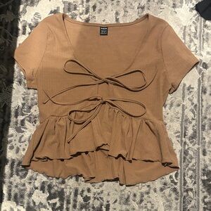Forever 21 Brown Tie-Front Ruffle Blouse